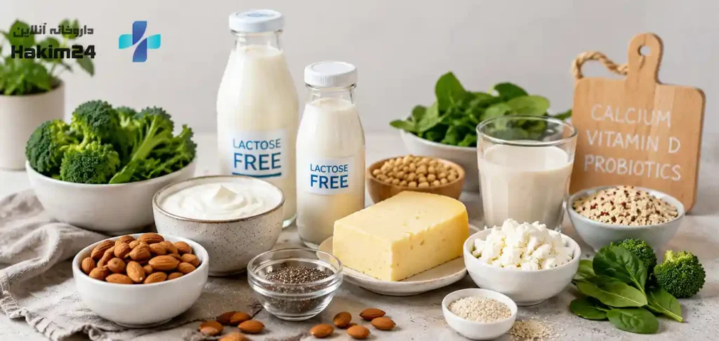 تصویری از مواد غذایی حاوی لاکتوز و مواد غذایی مناسب برای افراد مبتلا به عدم تحمل لاکتوز
