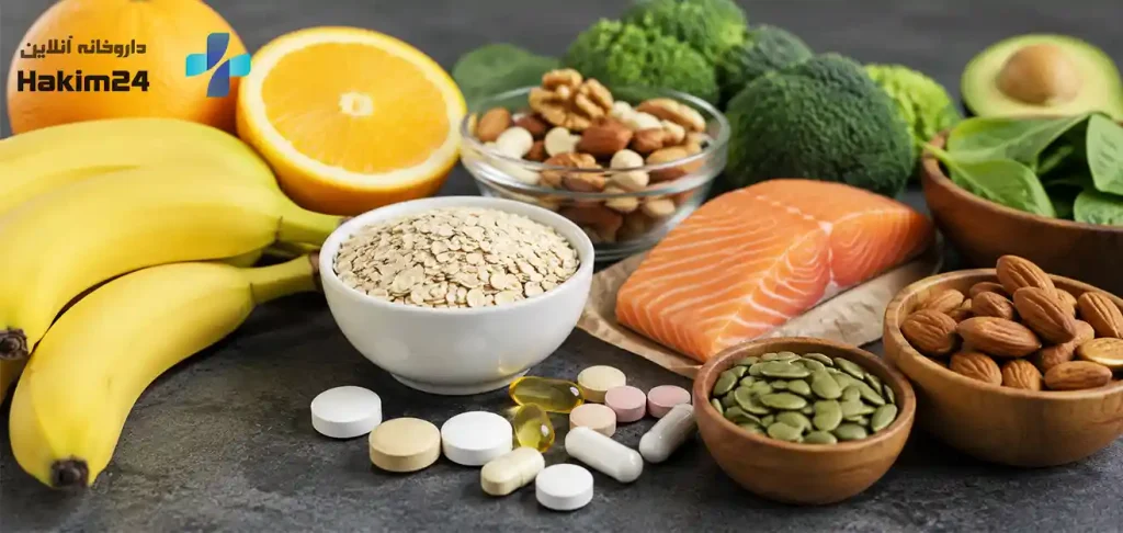 مواد غذایی سرشار از ویتامین ها و مواد معدنی در کنار مکمل ها، مرتبط با نقش تغذیه در سلامت سیستم عصبی و وزوز گوش.