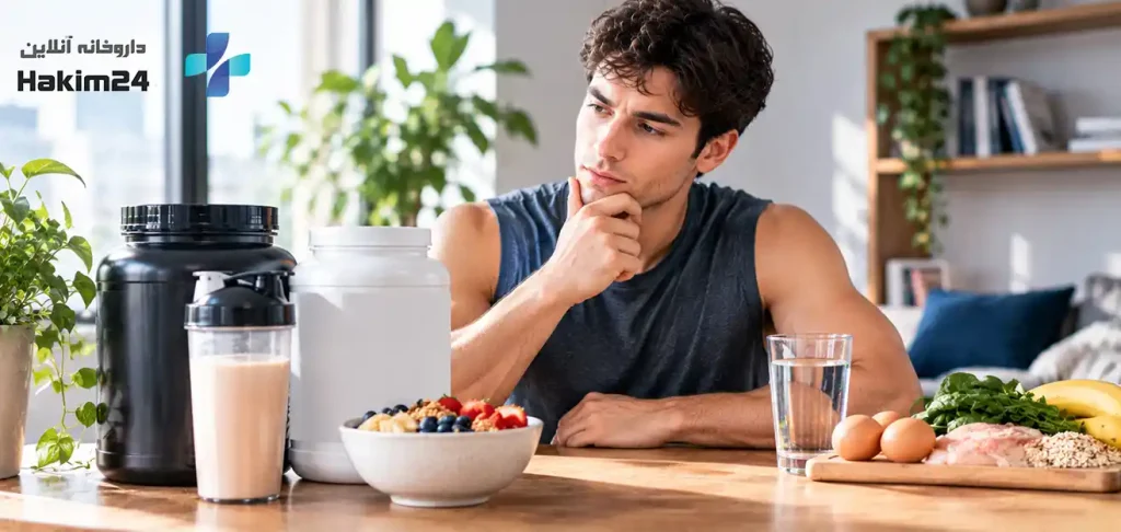 مرد ورزشکار در حال بررسی انتخاب گینر یا پروتئین وی برای افزایش وزن و حجم عضلات
