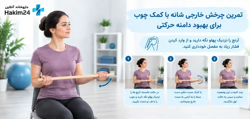 آرنج را نزدیک پهلو نگه دارید و از وارد کردن فشار زیاد به مفصل خودداری کنید.