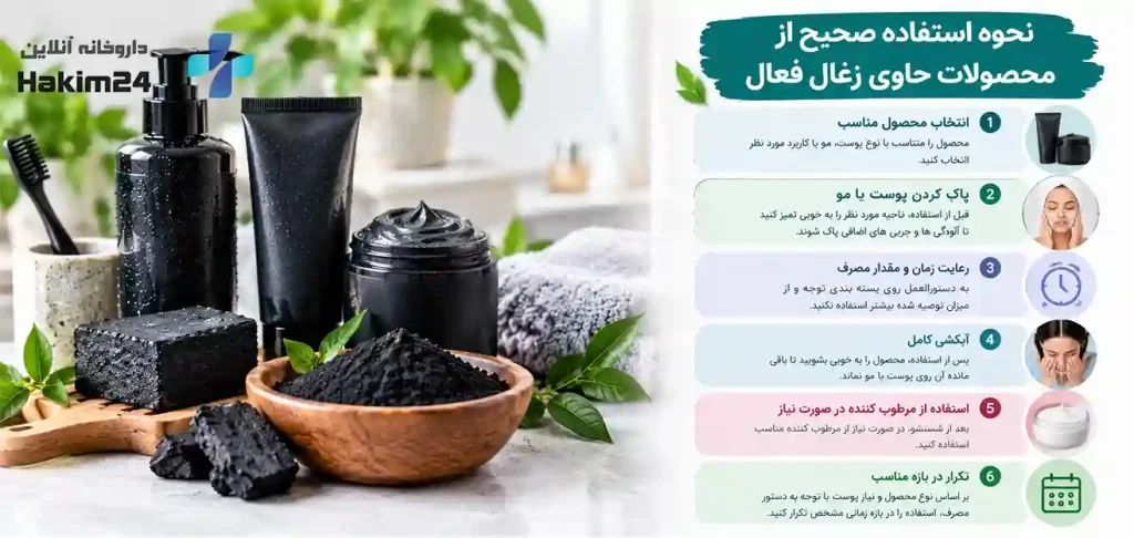 نحوه استفاده صحیح از محصولات حاوی زغال فعال با راهنمای انتخاب محصول، پاک سازی پوست، رعایت زمان مصرف، آبکشی و مرطوب کردن پوست