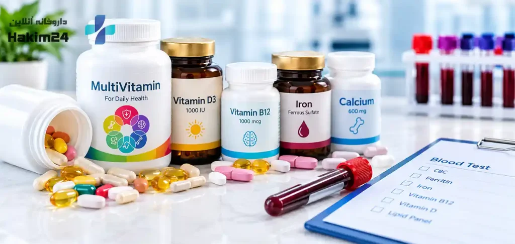مولتی ویتامین و مکمل های حاوی ویتامین D، B12، آهن و کلسیم در کنار نمونه خون برای بررسی ترکیبات مکمل ها و تاثیر احتمالی آنها بر آزمایش خون.