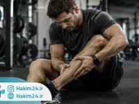 ورزشکار مرد پس از تمرین شدید در باشگاه، در حال استراحت و بررسی خستگی و لرزش عضلات پا.
