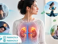 تصویر مفهومی کورتیزول و غدد فوق کلیوی در کنار استرس، خواب، ورزش، تغذیه سالم و مدیتیشن.