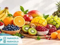 فواید میوه ها بر اساس رنگ با نمایش مجموعه ای از میوه های قرمز، نارنجی، زرد، سبز، آبی و بنفش برای سلامت بدن