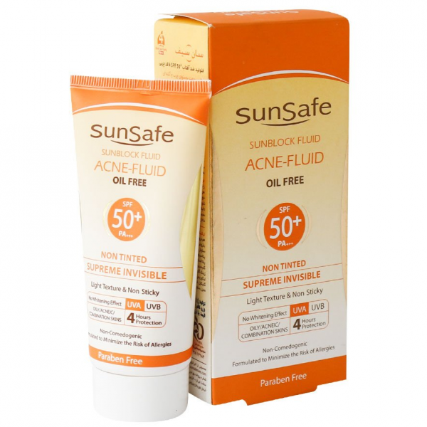 کرم فلوئید ضد آفتاب بدون رنگ با SPF50+ مناسب پوست های چرب و آکنه ای سان سیف