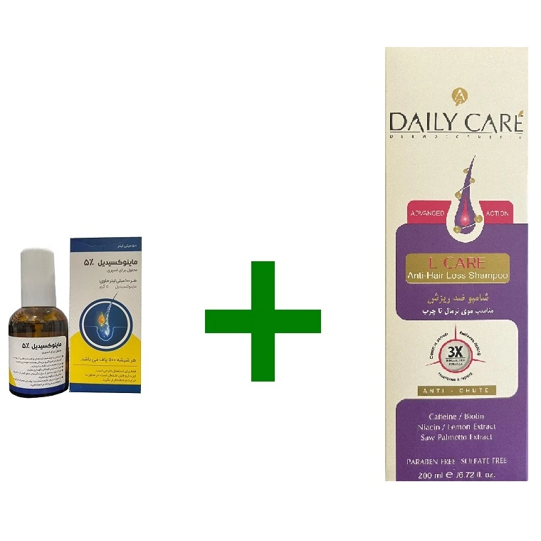 محلول ماینوکسیدیل 5% ایران دارو + شامپو ضد ریزش مناسب موهای نرمال تا چرب دیلی کر