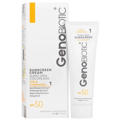 کرم ضد آفتاب بی رنگ مناسب پوست چرب و مختلط با +SPF50 ژنوبایوتیک